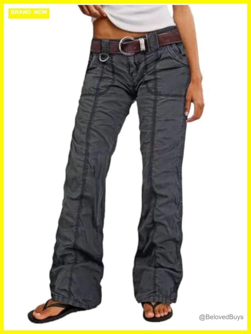 Straight Leg Cargo Pants Mid Rise Cotton Spandex Patch Pockets Stitch Detail